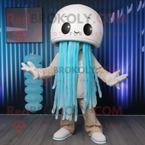 Cyan Jellyfish mascot costume character dressed with a Chinos and Scarves