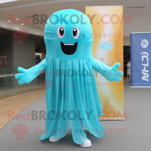 Cyan Jellyfish mascot costume character dressed with a Chinos and Scarves
