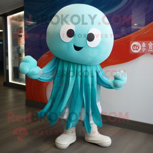 Cyan Jellyfish mascot costume character dressed with a Chinos and Scarves