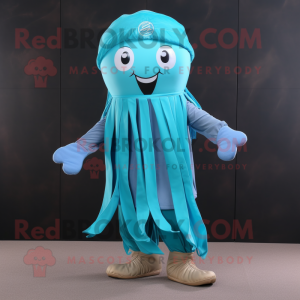 Cyan Jellyfish mascot costume character dressed with a Chinos and Scarves