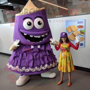 Purple Nachos mascot costume character dressed with a A-Line Dress and Keychains