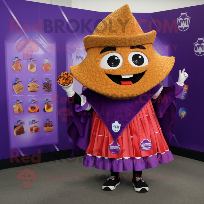 Purple Nachos mascot costume character dressed with a A-Line Dress and Keychains Purple Nachos mascot costume character dressed with a A-Line Dress and Keychains
