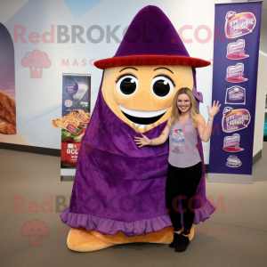 Purple Nachos mascot costume character dressed with a A-Line Dress and Keychains
