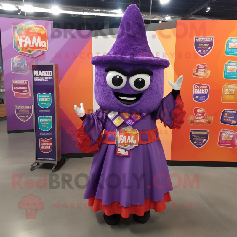 Purple Nachos mascot costume character dressed with a A-Line Dress and Keychains Purple Nachos mascot costume character dressed with a A-Line Dress and Keychains