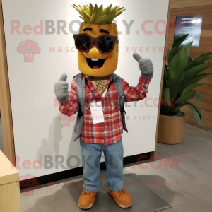 Rust Pineapple mascot costume character dressed with a Flannel Shirt and Bracelet watches