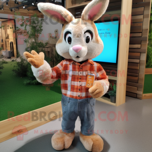 Peach Wild Rabbit mascot costume character dressed with a Flannel Shirt and Rings