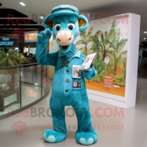 Cyan Giraffe mascot costume character dressed with a Chinos and Beanies