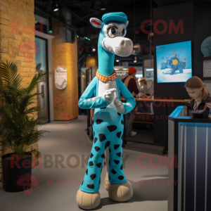 Cyan Giraffe mascot costume character dressed with a Chinos and Beanies