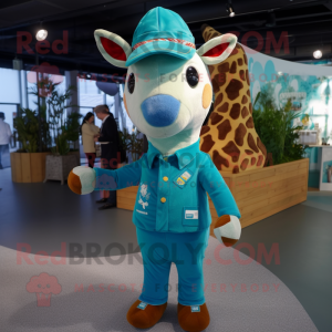 Cyan Giraffe mascot costume character dressed with a Chinos and Beanies