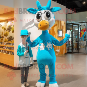Cyan Giraffe mascot costume character dressed with a Chinos and Beanies