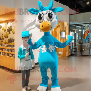 Cyan Giraffe maskot kostume...