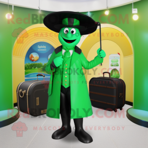 Green Ring Master mascot costume character dressed with a Raincoat and Briefcases