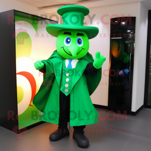 Green Ring Master mascot costume character dressed with a Raincoat and Briefcases