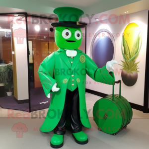 Green Ring Master mascot costume character dressed with a Raincoat and Briefcases