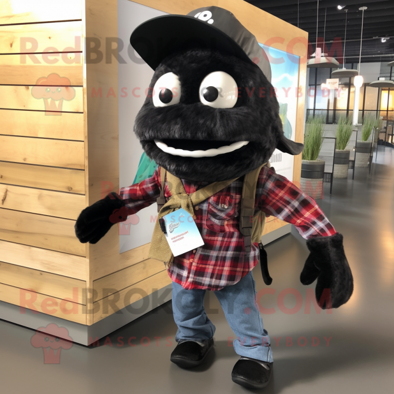 Black Fish Tacos mascot costume character dressed with a Flannel Shirt and Messenger bags