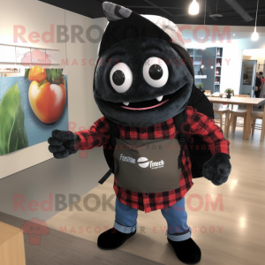 Black Fish Tacos mascot costume character dressed with a Flannel Shirt and Messenger bags