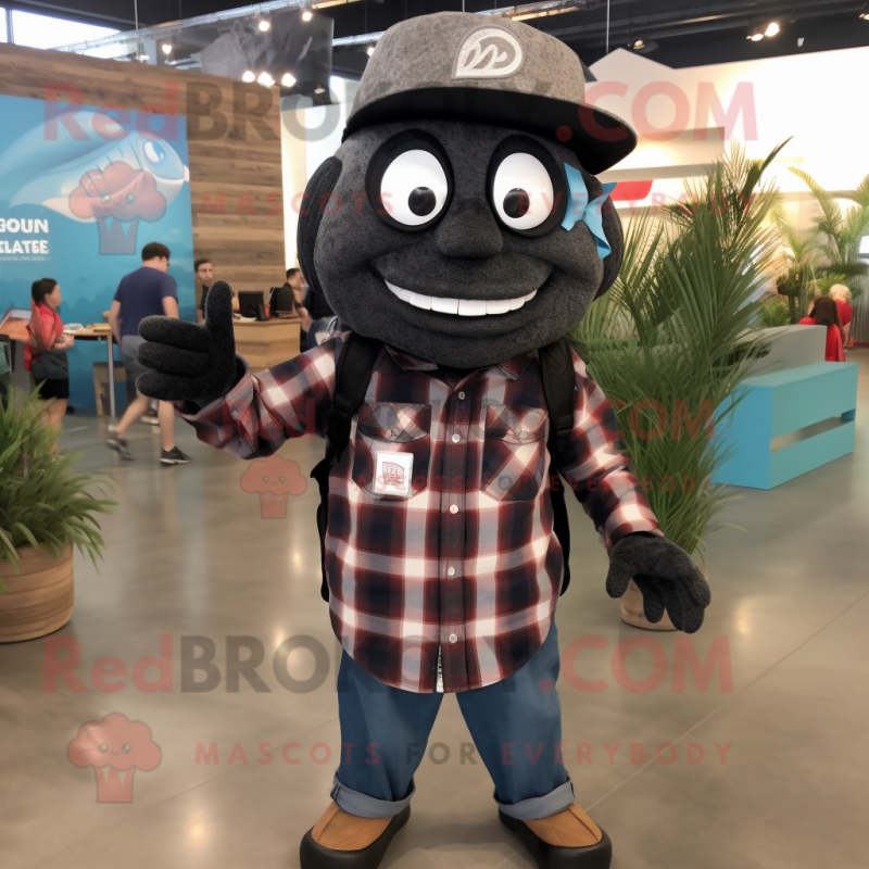 Black Fish Tacos mascot costume character dressed with a Flannel Shirt and Messenger bags