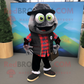 Black Fish Tacos mascot costume character dressed with a Flannel Shirt and Messenger bags