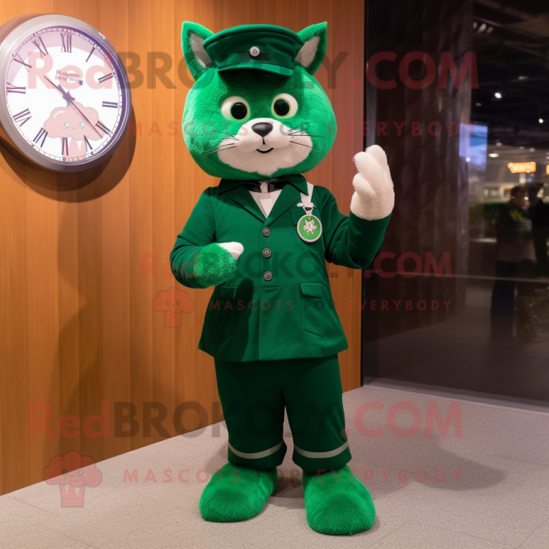 Forest Green Cat mascot costume character dressed with a Empire Waist Dress and Digital watches