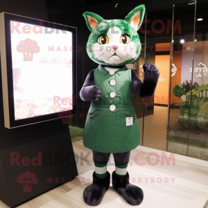 Forest Green Cat mascot costume character dressed with a Empire Waist Dress and Digital watches