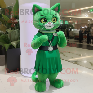 Forest Green Cat mascot costume character dressed with a Empire Waist Dress and Digital watches