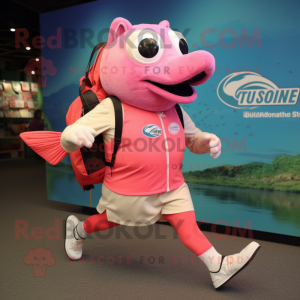 Pink Salmon mascot costume character dressed with a Running Shorts and Tote bags