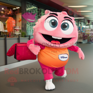 Pink Salmon mascot costume character dressed with a Running Shorts and Tote bags