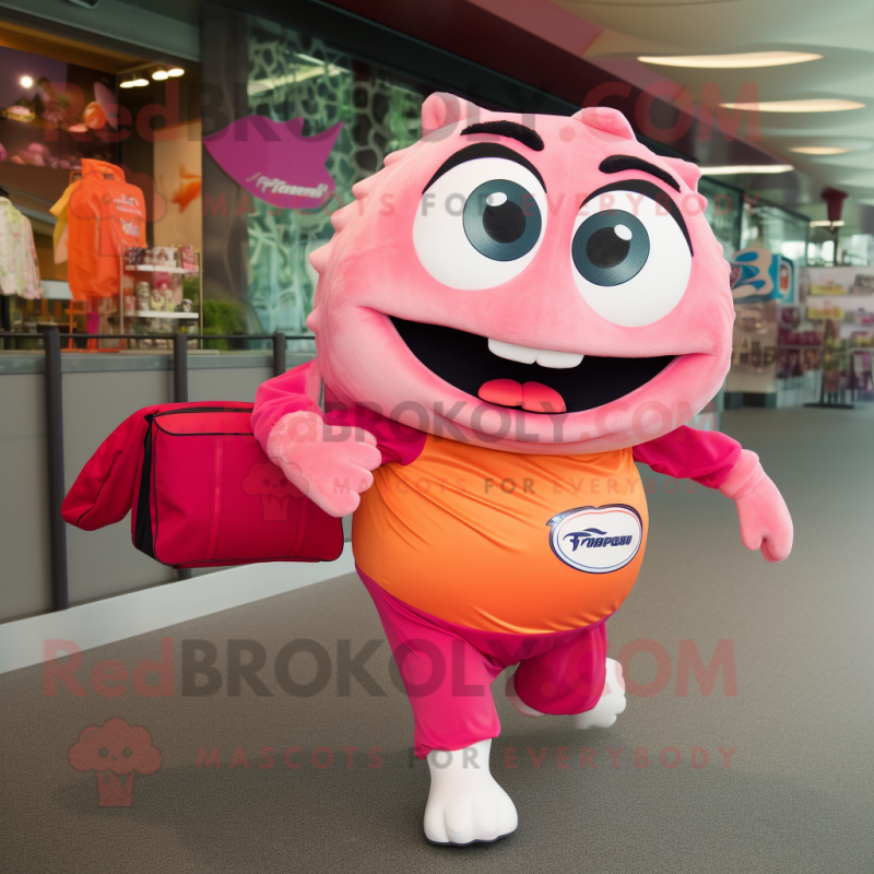 Pink Salmon mascot costume character dressed with a Running Shorts and Tote bags Pink Salmon mascot costume character dressed with a Running Shorts and Tote bags