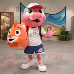 Pink Salmon mascot costume character dressed with a Running Shorts and Tote bags