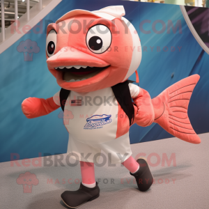 Pink Salmon mascot costume character dressed with a Running Shorts and Tote bags