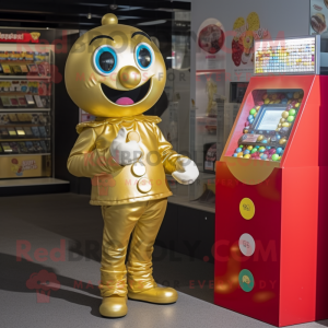 Gold Gumball Machine mascot costume character dressed with a Playsuit and Coin purses