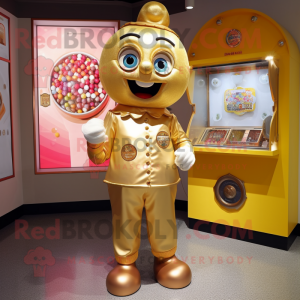 Gold Gumball Machine mascot costume character dressed with a Playsuit and Coin purses