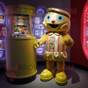 Gold Gumball Machine mascot costume character dressed with a Playsuit and Coin purses