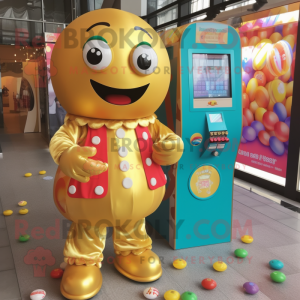 Gold Gumball Machine mascot costume character dressed with a Playsuit and Coin purses