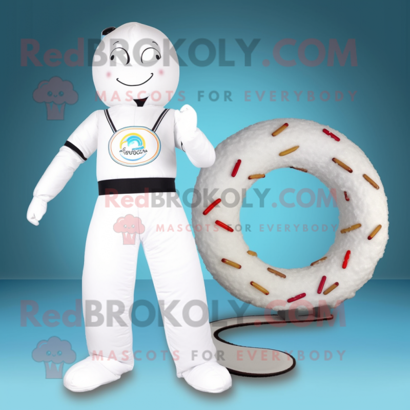 White Donut mascot costume character dressed with a One-Piece Swimsuit and Belts White Donut mascot costume character dressed with a One-Piece Swimsuit and Belts