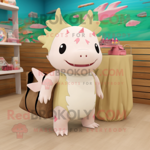 Cream Axolotls mascot costume character dressed with a Bikini and Tote bags