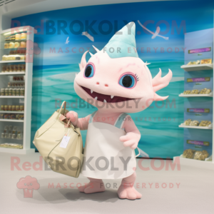 Cream Axolotls mascot costume character dressed with a Bikini and Tote bags