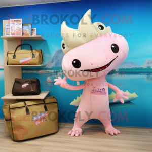 Cream Axolotls mascot costume character dressed with a Bikini and Tote bags