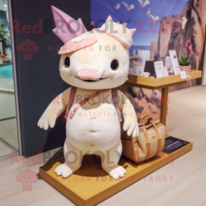 Cream Axolotls mascot costume character dressed with a Bikini and Tote bags