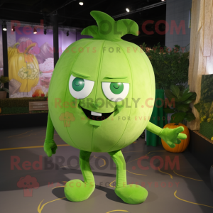 Lime Green Pumpkin mascot costume character dressed with a Skinny Jeans and Hairpins