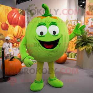 Lime Green Pumpkin mascot costume character dressed with a Skinny Jeans and Hairpins