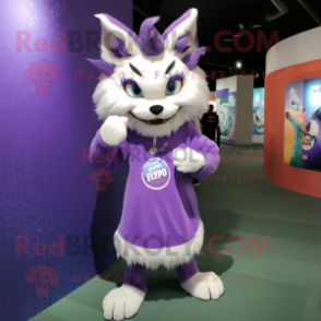 Purple Lynx mascot costume character dressed with a Mini Dress and Rings