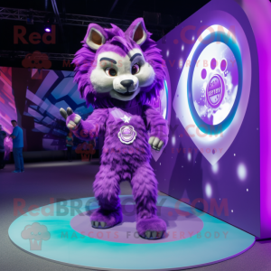 Purple Lynx mascot costume character dressed with a Mini Dress and Rings