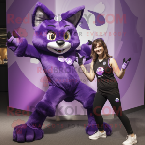 Purple Lynx mascot costume character dressed with a Mini Dress and Rings