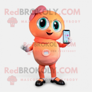 Peach Phone mascot costume character dressed with a Flare Jeans and Smartwatches