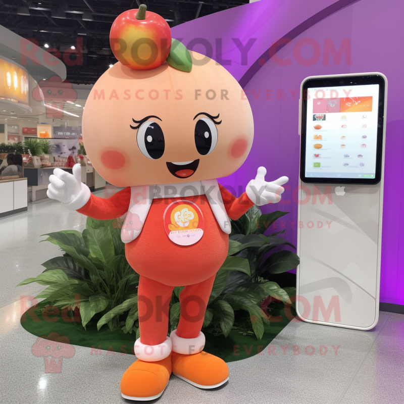 Peach Phone mascot costume character dressed with a Flare Jeans and Smartwatches Peach Phone mascot costume character dressed with a Flare Jeans and Smartwatches