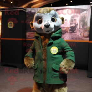 Forest Green Meerkat mascot costume character dressed with a Jacket and Scarves