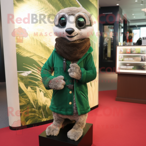 Forest Green Meerkat mascot costume character dressed with a Jacket and Scarves