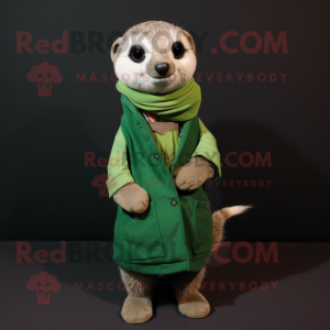 Forest Green Meerkat mascot costume character dressed with a Jacket and Scarves