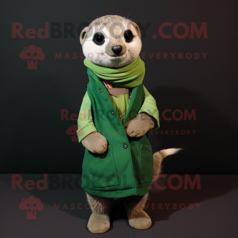 Forest Green Meerkat mascot costume character dressed with a Jacket and Scarves Forest Green Meerkat mascot costume character dressed with a Jacket and Scarves